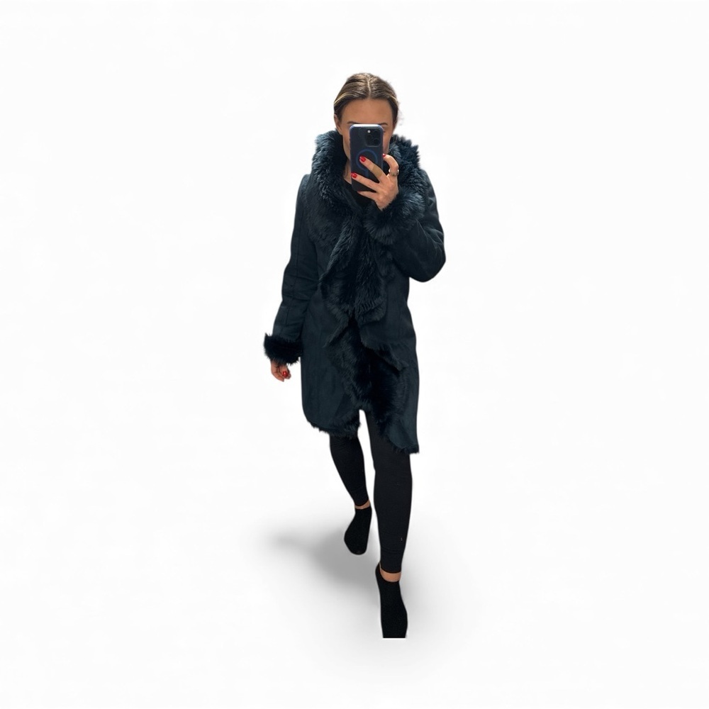 Donna Salyers Fabulous Furs Navy Cascading Faux Fur Coat Jacket XS Luxe Winter - Picture 16 of 16